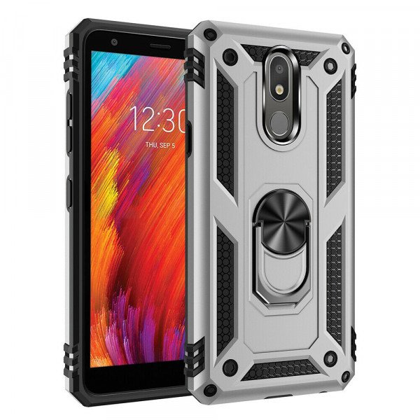 Wholesale LG Aristo 4+ (Plus) / Escape Plus / Tribute Royal K30 2019 Tech Armor Ring Grip Case with Metal Plate (Silver)